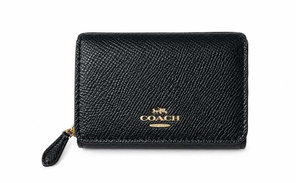 Coach Black Pebbled Leather Trifold Wallet with Gold Hardware